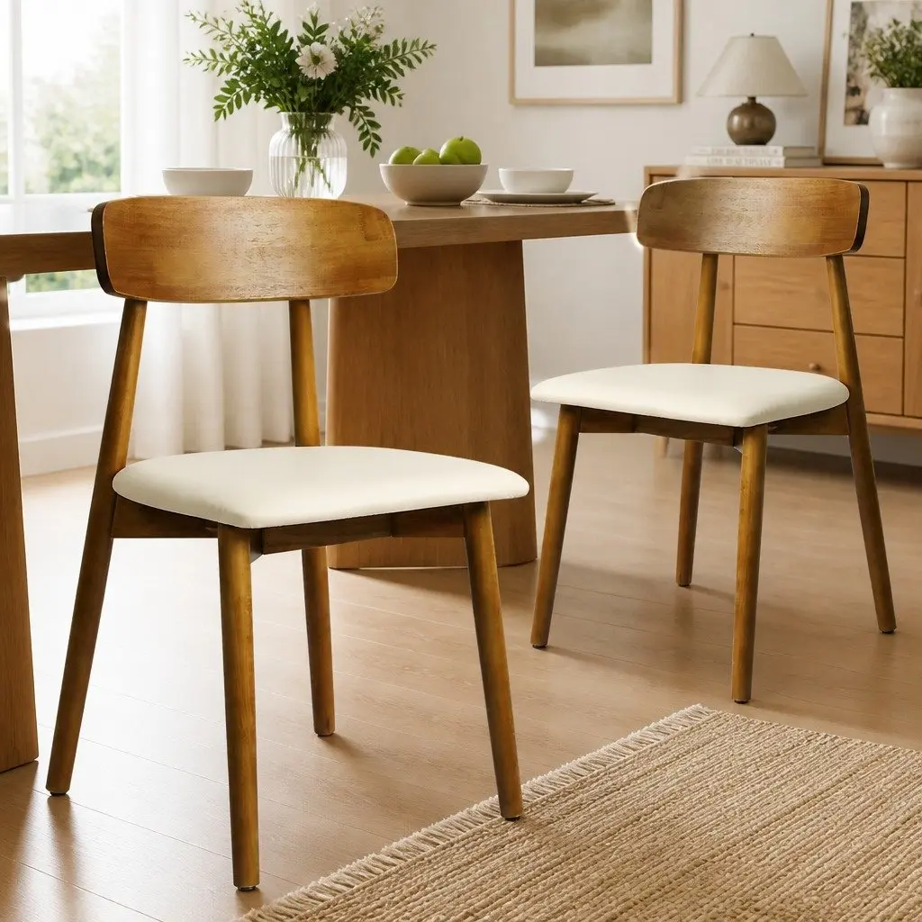 Dining Chairs Walnut Set of 8 Ergonomic Curved Backrest PU Leather Cushioned Seat Rubber Wood Frame