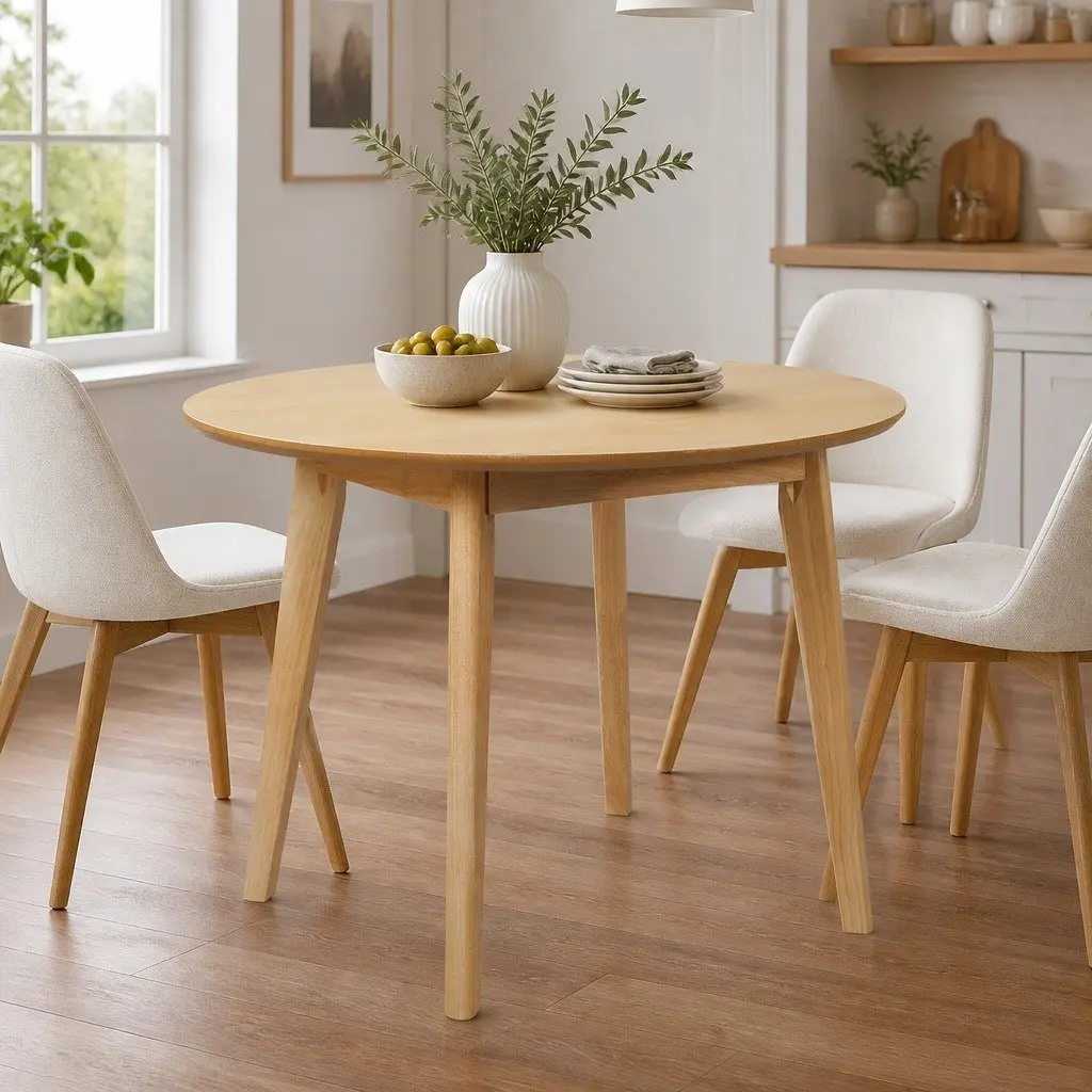 Round Dining Table Natural 100cm Rubberwood Frame MDF Top Seats 4-6