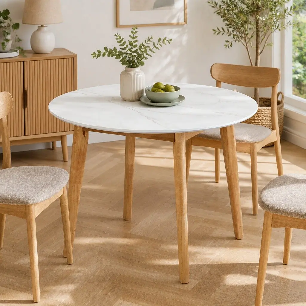 Round Dining Table White 100cm Smooth Bevelled Edge Rubberwood Base