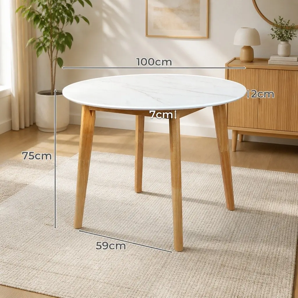 Round Dining Table White 100cm Smooth Bevelled Edge Rubberwood Base