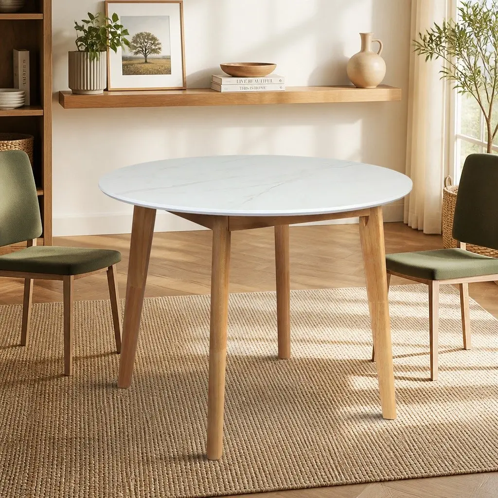 Round Dining Table White 100cm Smooth Bevelled Edge Rubberwood Base