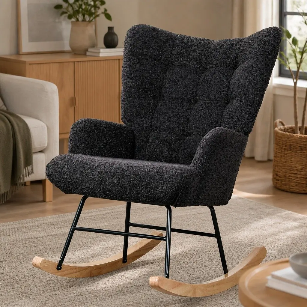 Rocking Chair Grey Ergonomic Fleece Lounge Seat Gentle Rocking Motion