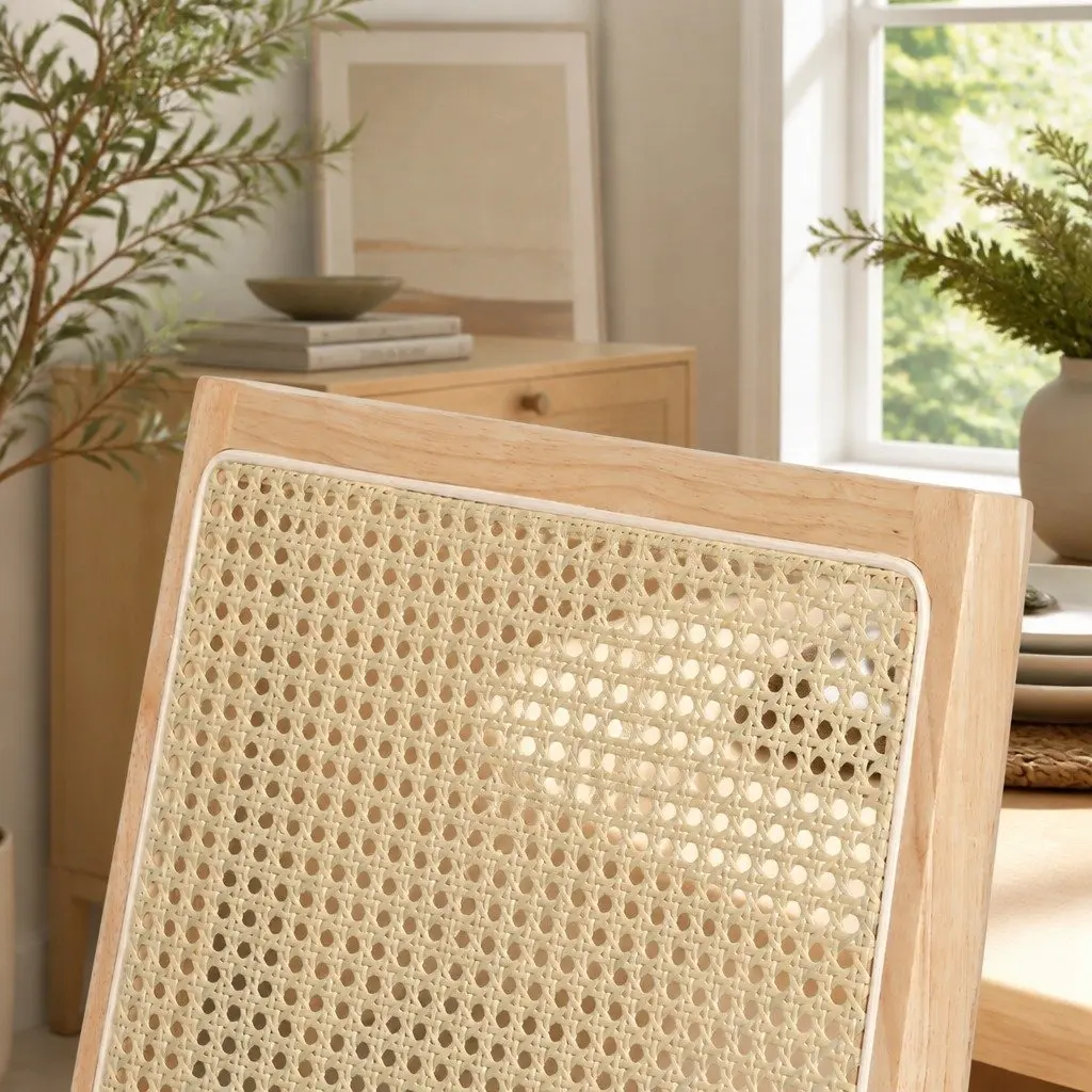 Dining Chairs Set of 8 Armless Rattan Weave Upholstered Seat Natural Wood Frame