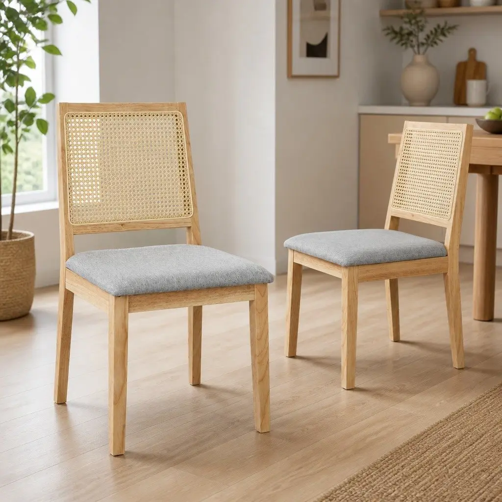 Dining Chairs Set of 8 Armless Rattan Weave Upholstered Seat Natural Wood Frame