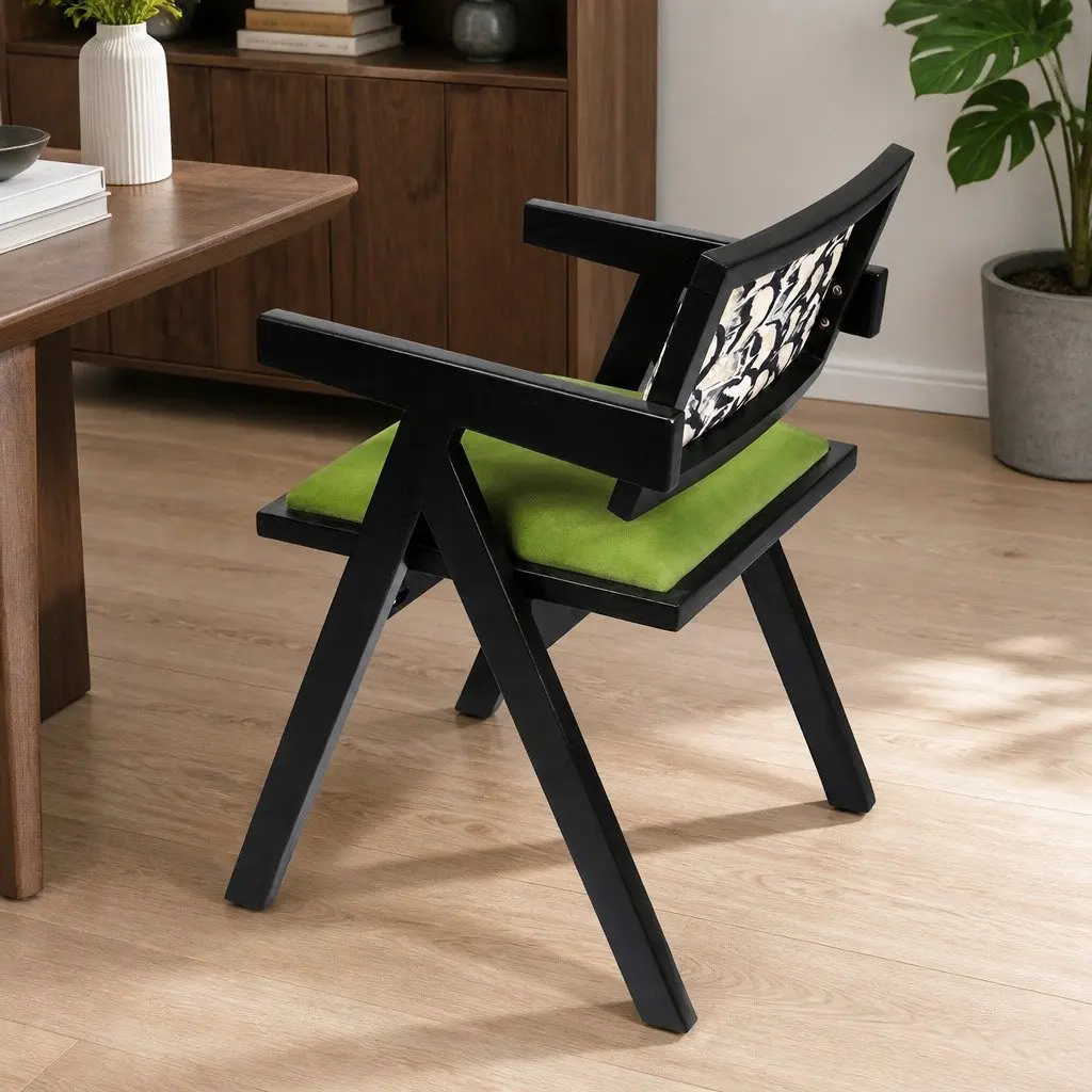 Dining Chair Green Velvet Retro Backrest Cushioned Seat