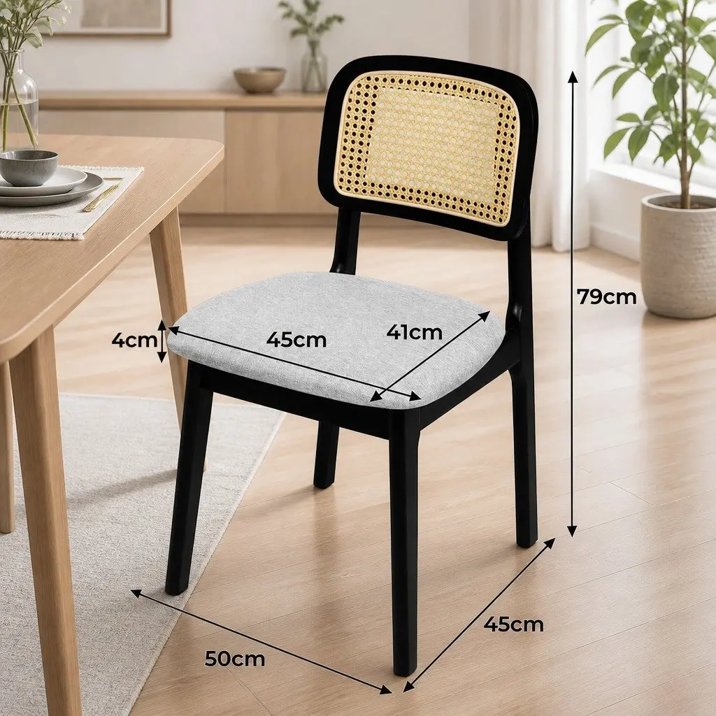 Dining Chair Set 6 Rattan Weave Black Wood Frame Armless Upholstered Seat