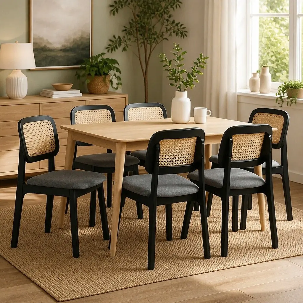 Dining Chair Set 6 Rattan Weave Black Wood Frame Armless Upholstered Seat