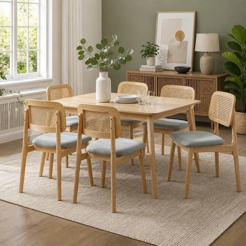 Dining Chair Rattan Armless Wood Natural Set of 6 Kitchen Furniture Seat