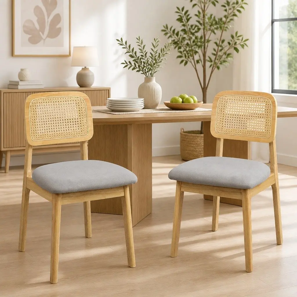 Dining Chair Rattan Armless Wood Natural Set of 6 Kitchen Furniture Seat