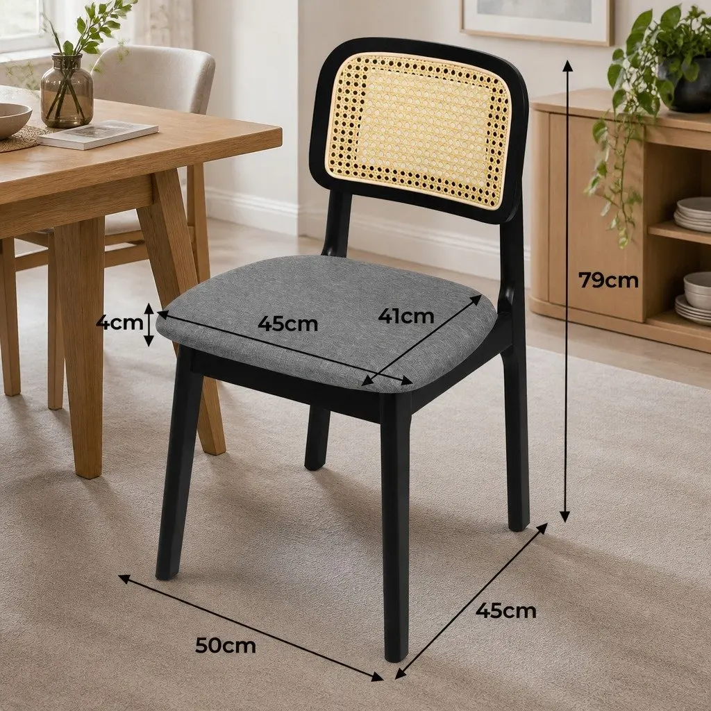 Dining Chair Set of 2 Black Rattan Woven Wooden Armless Cushioned Kitchen Seats