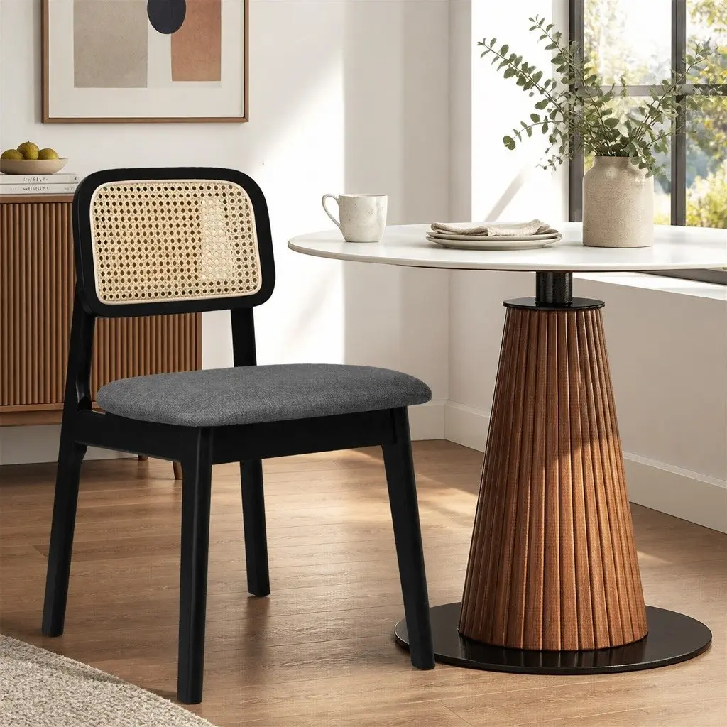 Dining Chair Set of 2 Black Rattan Woven Wooden Armless Cushioned Kitchen Seats