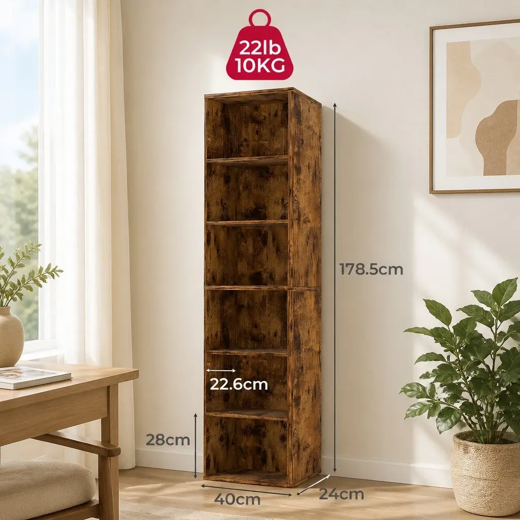 6 Tier Open Bookcase Walnut Freestanding Tall Adjustable Shelves Storage Display Unit