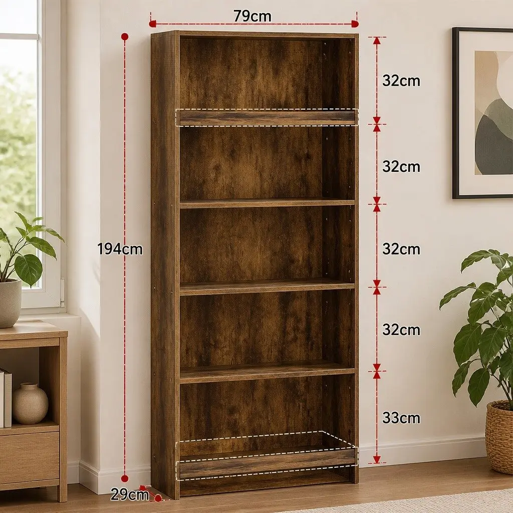 6 Tier Open Bookcase Walnut Freestanding Tall Adjustable Shelves Storage Display Unit