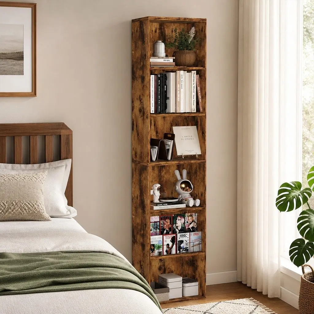 6 Tier Open Bookcase Walnut Freestanding Tall Adjustable Shelves Storage Display Unit