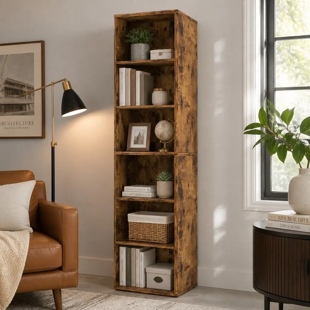 6 Tier Open Bookcase Walnut Freestanding Tall Adjustable Shelves Storage Display Unit
