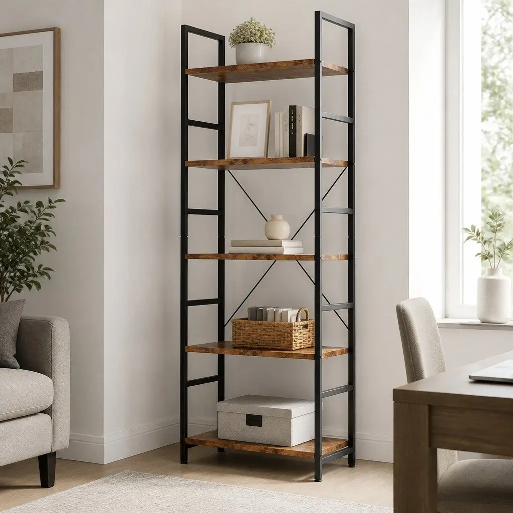 5-Tier Bookshelf Rustic Brown 157.5cm Tall Industrial Style E1-Grade Particle Board Steel Frame