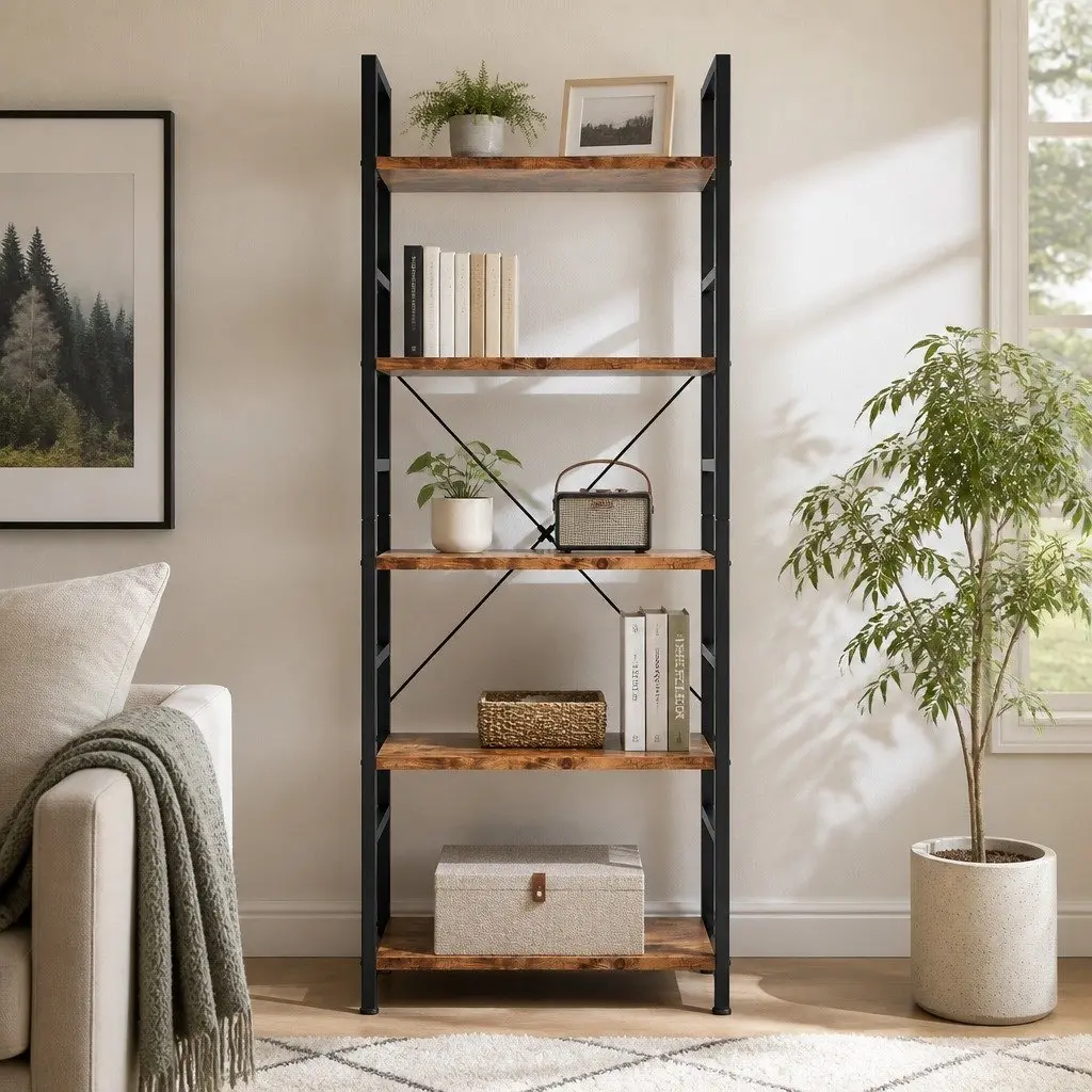 5-Tier Bookshelf Rustic Brown 157.5cm Tall Industrial Style E1-Grade Particle Board Steel Frame