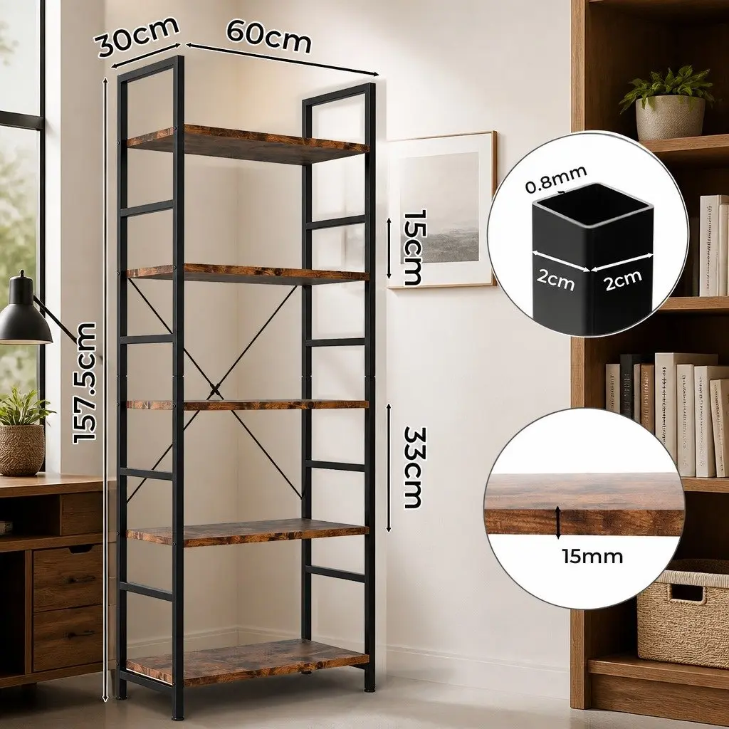 5-Tier Bookshelf Rustic Brown 157.5cm Tall Industrial Style E1-Grade Particle Board Steel Frame