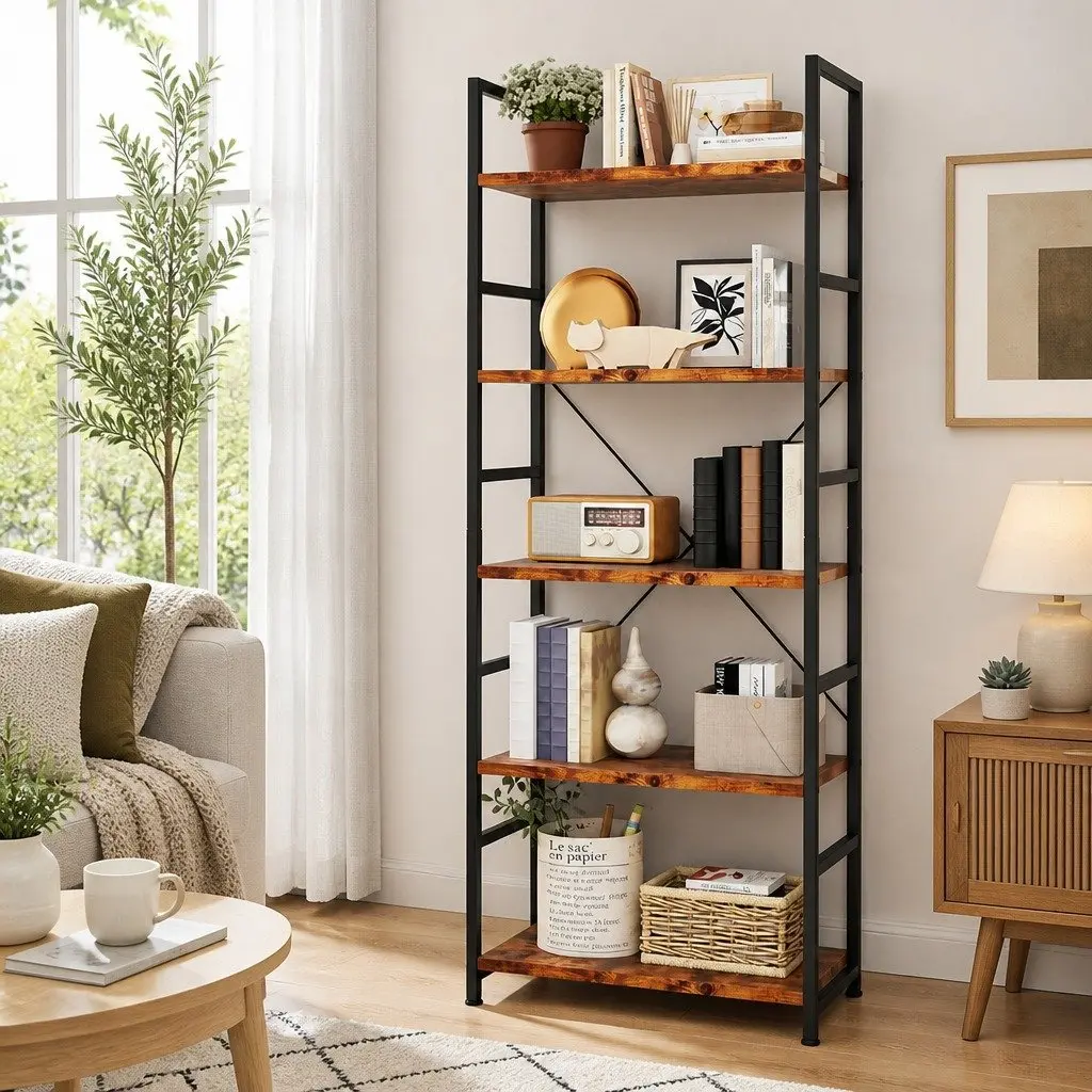 5-Tier Bookshelf Rustic Brown 157.5cm Tall Industrial Style E1-Grade Particle Board Steel Frame
