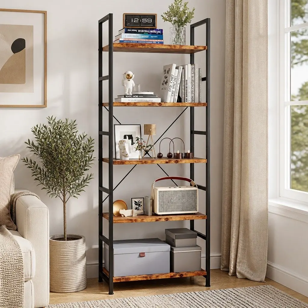 5-Tier Bookshelf Rustic Brown 157.5cm Tall Industrial Style E1-Grade Particle Board Steel Frame