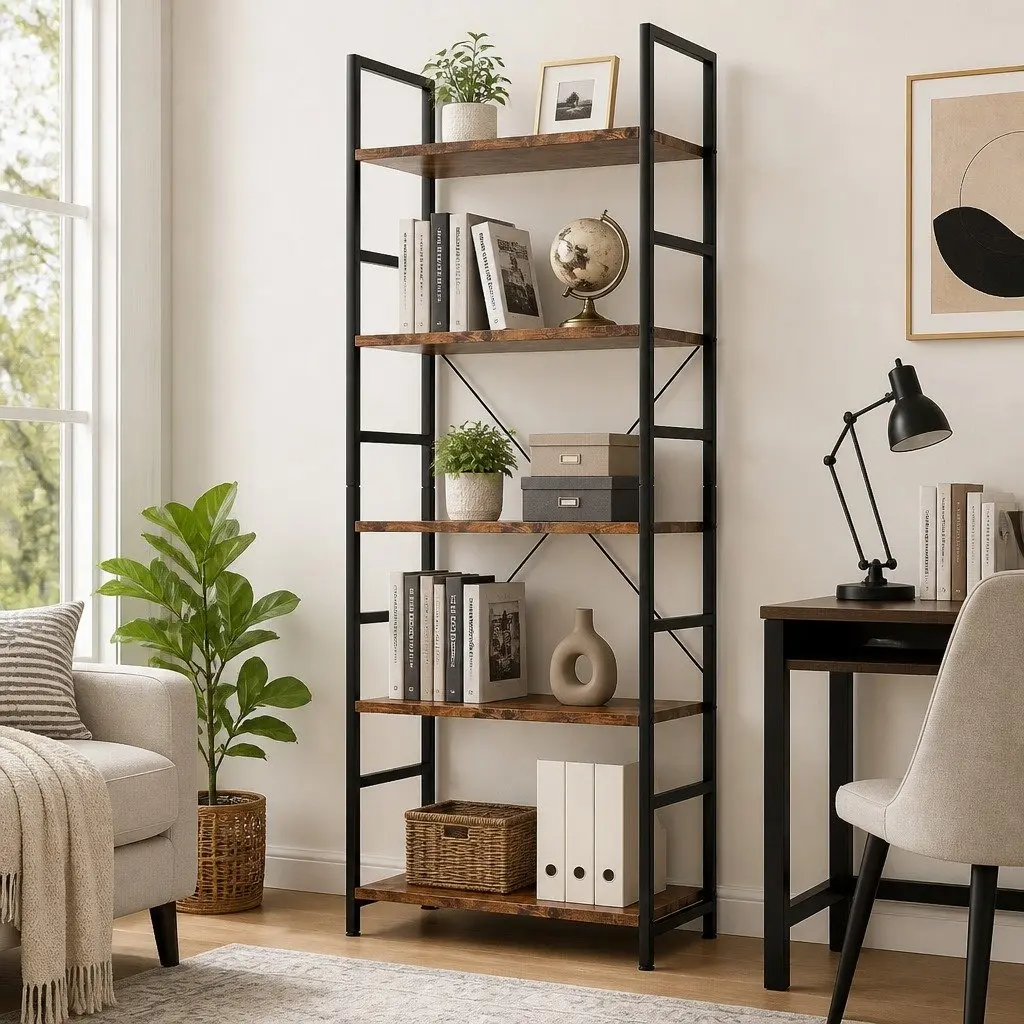 5-Tier Bookshelf Rustic Brown 157.5cm Tall Industrial Style E1-Grade Particle Board Steel Frame