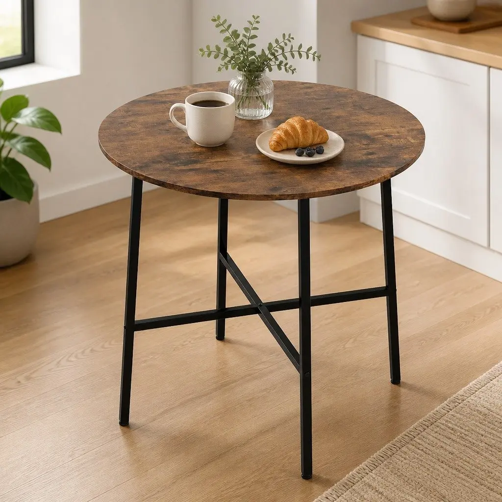 Round Dining Table Rustic Brown 80cm Industrial Steel Frame Suitable for 2-4 Person
