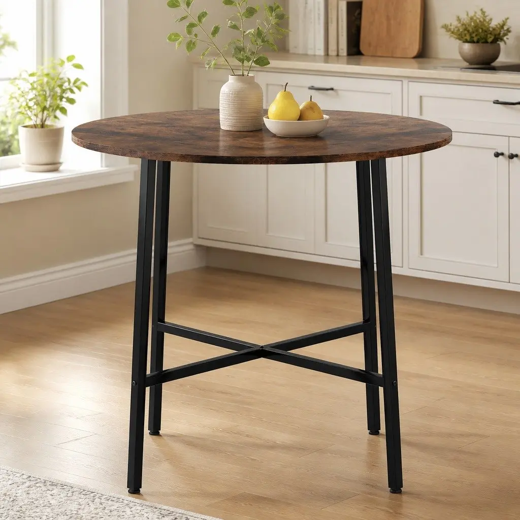 Round Dining Table Rustic Brown 80cm Industrial Steel Frame Suitable for 2-4 Person