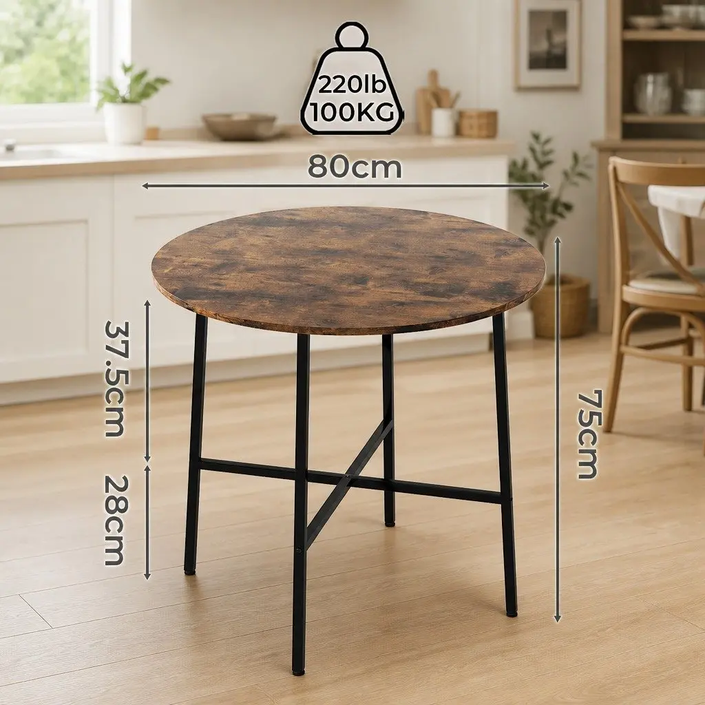 Round Dining Table Rustic Brown 80cm Industrial Steel Frame Suitable for 2-4 Person