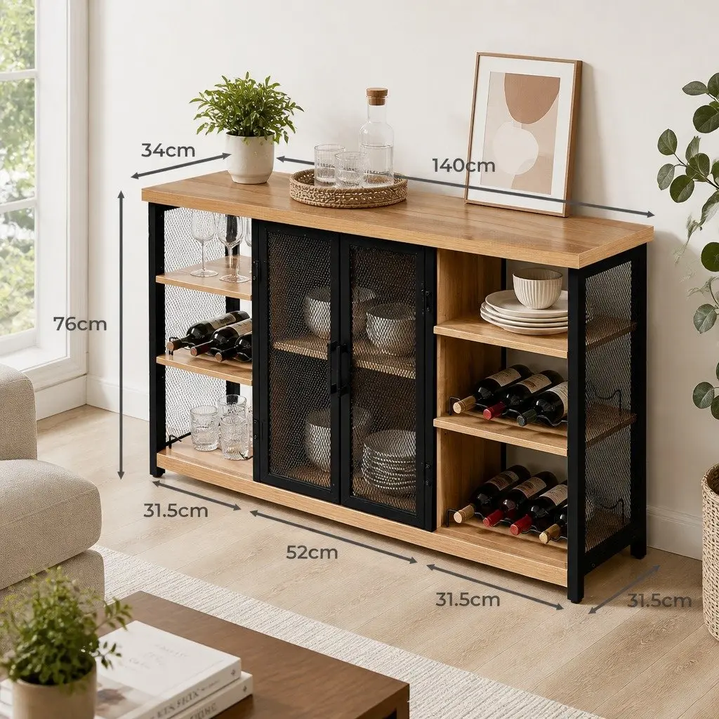 Bar Cabinet Sideboard Buffet Wine Rack Storage Industrial Style Metal Mesh Doors