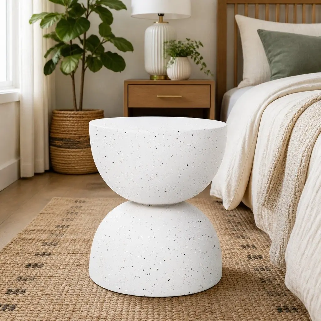 Round Side Table Beige Terrazzo Hourglass Shape 150kg Capacity No Assembly