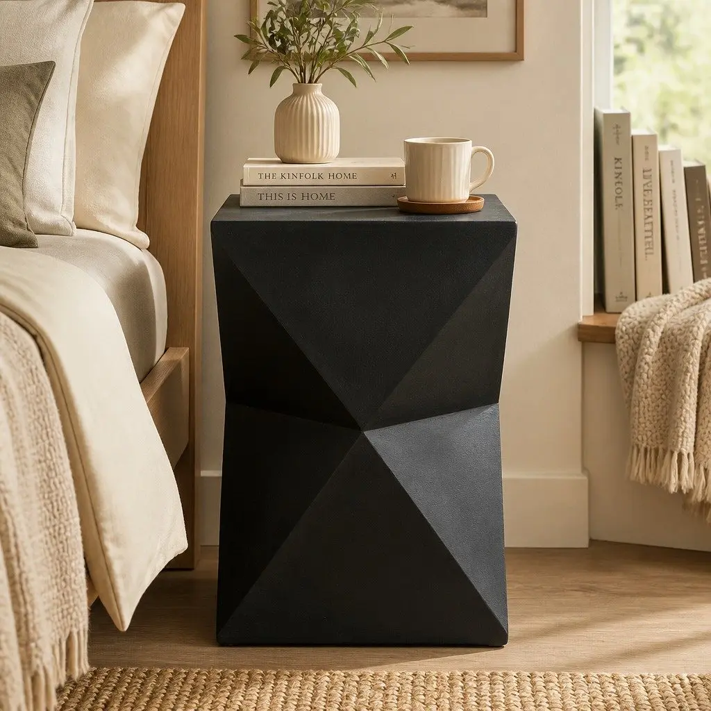 Geometric Side Table Terrazzo Magnesium Cement Nightstand Accent Stool