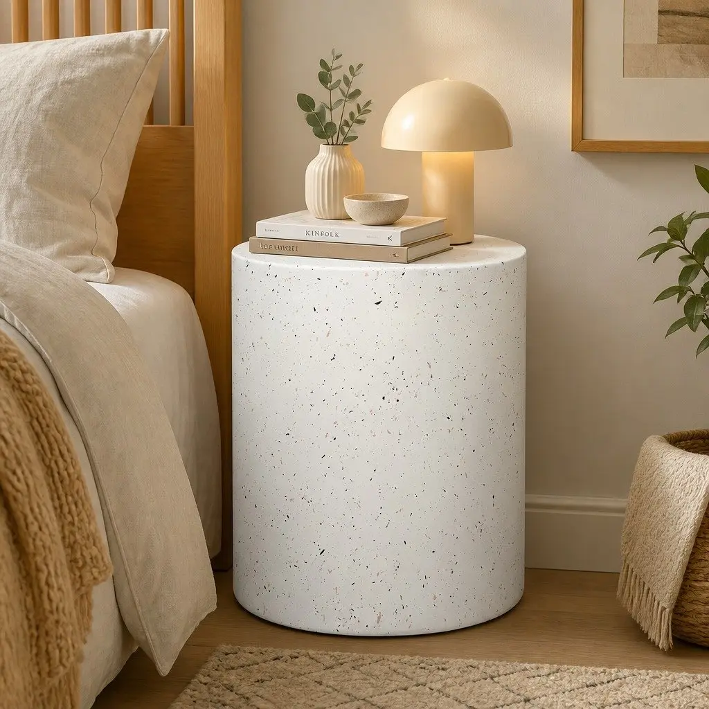 Round Beige Terrazzo Side Table Cylinder Shape No Assembly