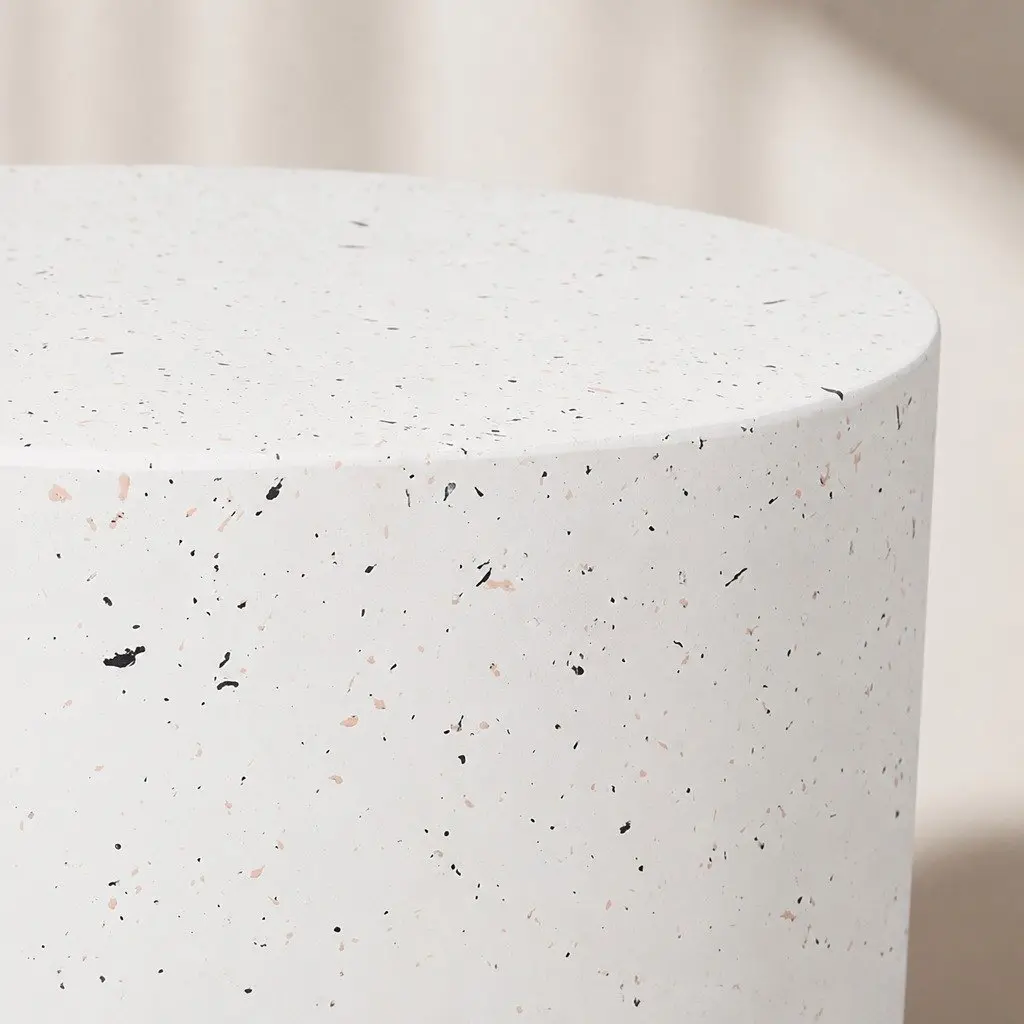 Round Beige Terrazzo Side Table Cylinder Shape No Assembly
