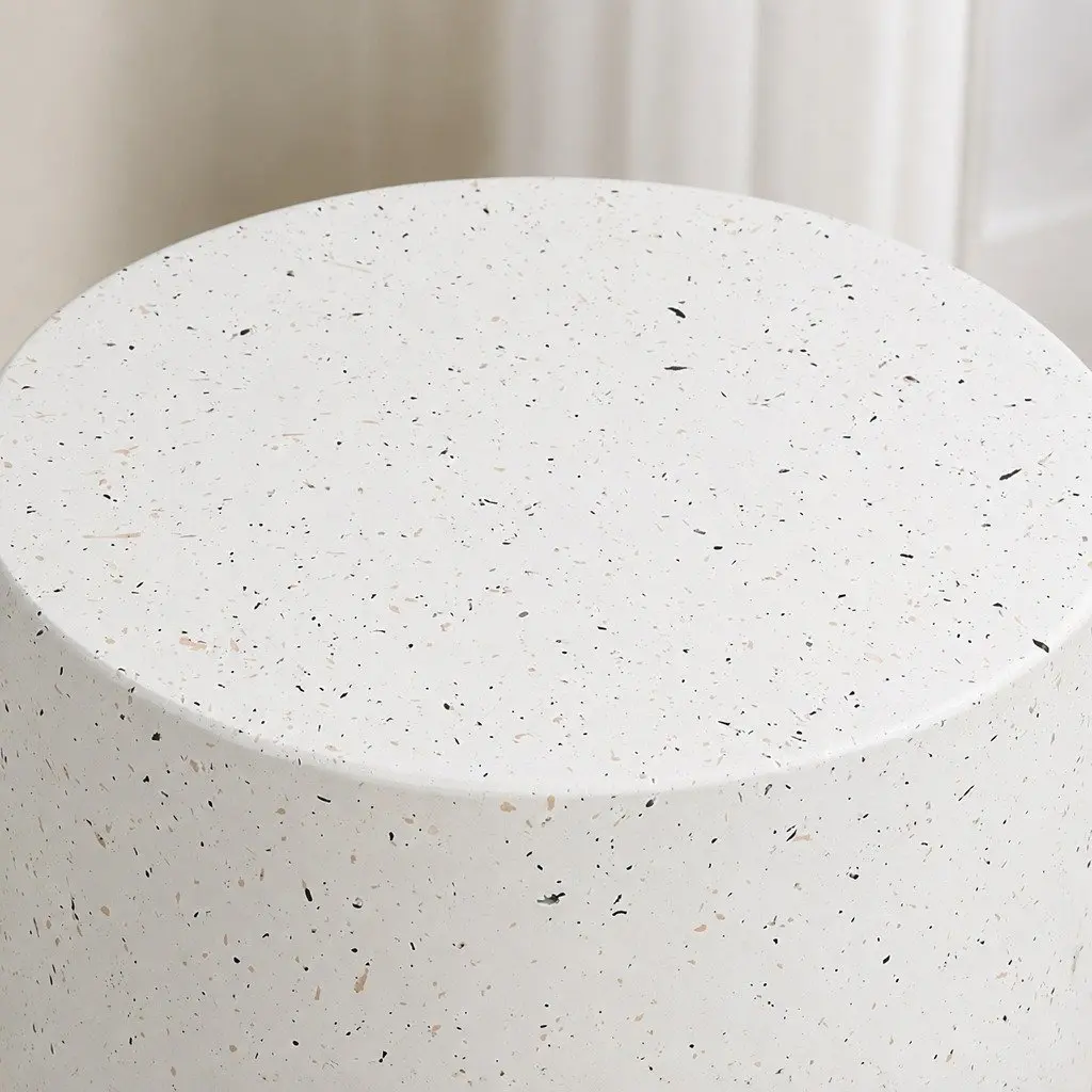 Round Beige Terrazzo Side Table Cylinder Shape No Assembly