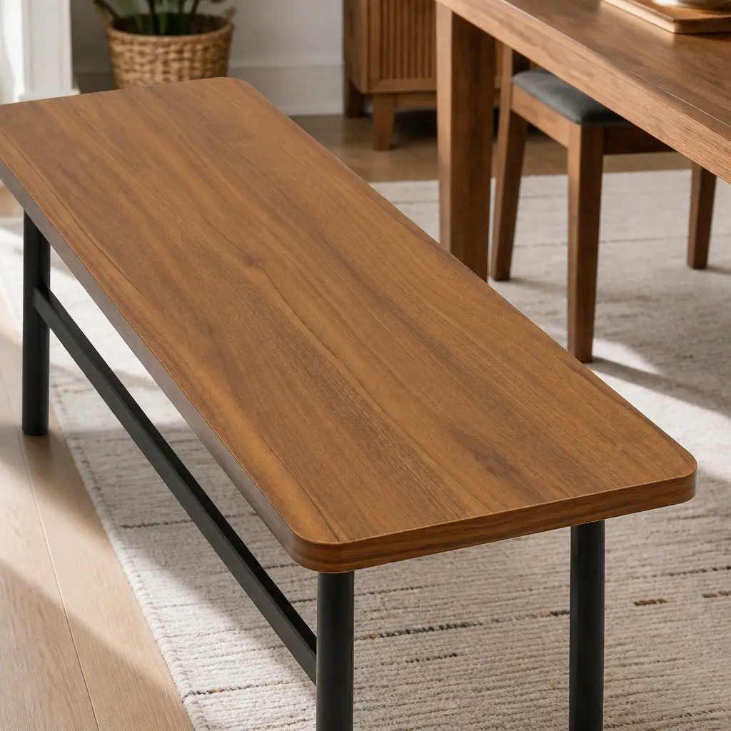 Dining Bench Brown 140cm MDF Top Steel Frame 2-3 Seater