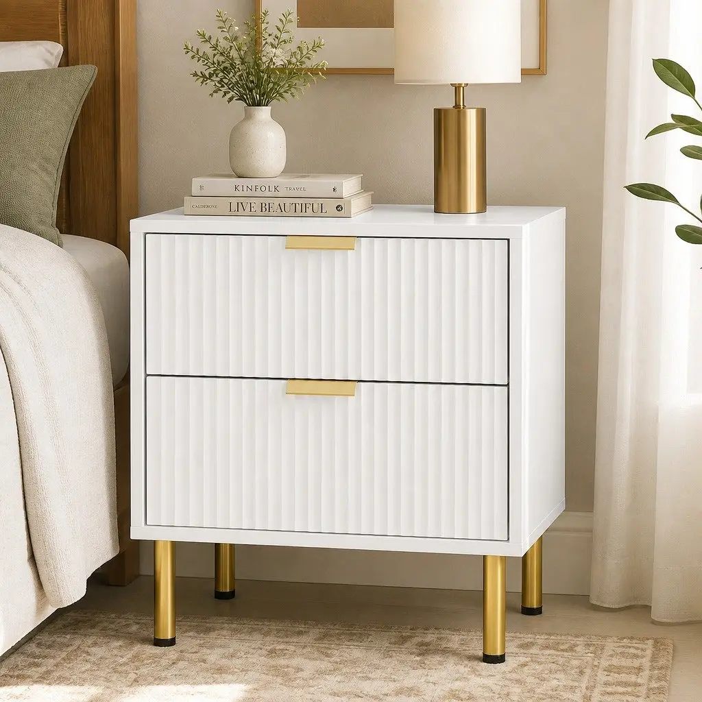 Bedside Table White 2 Drawers Metal Legs Storage Organiser