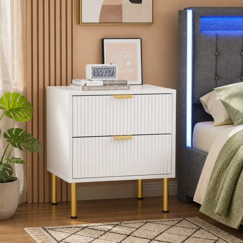 Bedside Table White 2 Drawers Metal Legs Storage Organiser