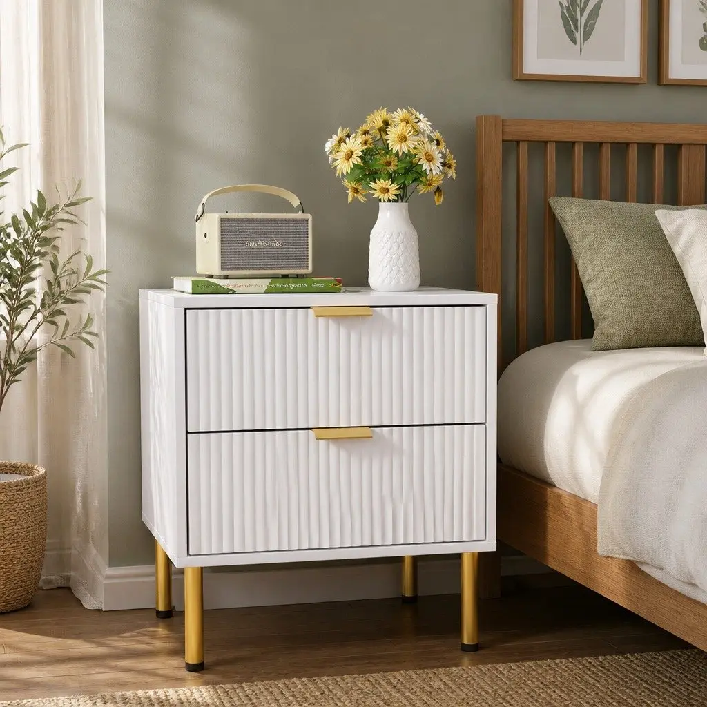 Bedside Table White 2 Drawers Metal Legs Storage Organiser