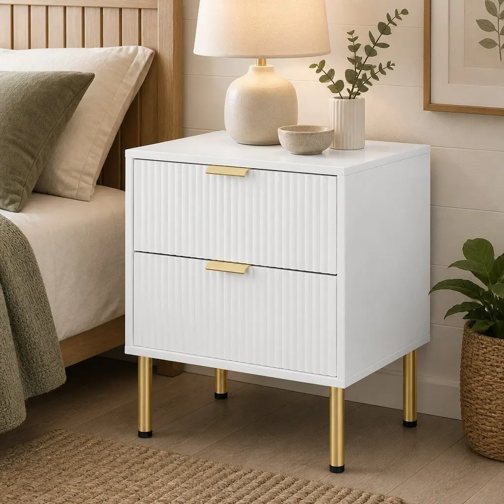 Bedside Table White 2 Drawers Metal Legs Storage Organiser