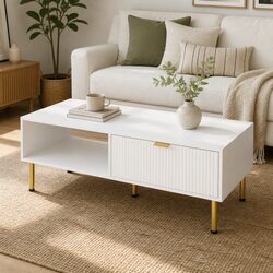 Modern Coffee Table 110cm White Gold Storage Drawer Open Shelf Living Room