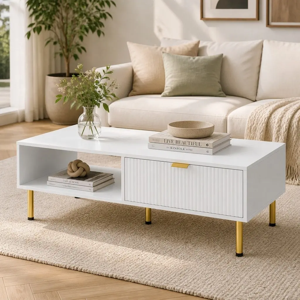 Coffee Table White Gold 110cm Storage Drawer Open Shelf