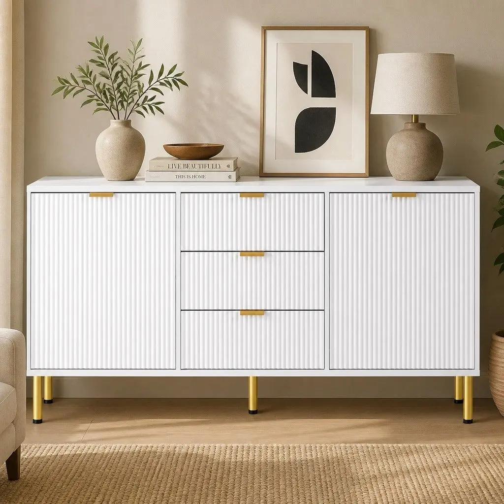 Storage Sideboard Cabinet White 3 Drawers 2 Doors Removable Shelves