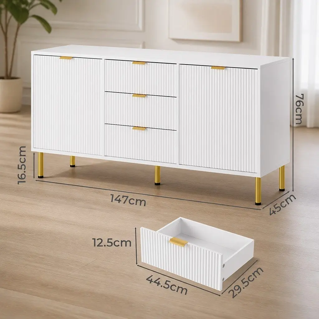 Storage Sideboard Cabinet White 3 Drawers 2 Doors Removable Shelves