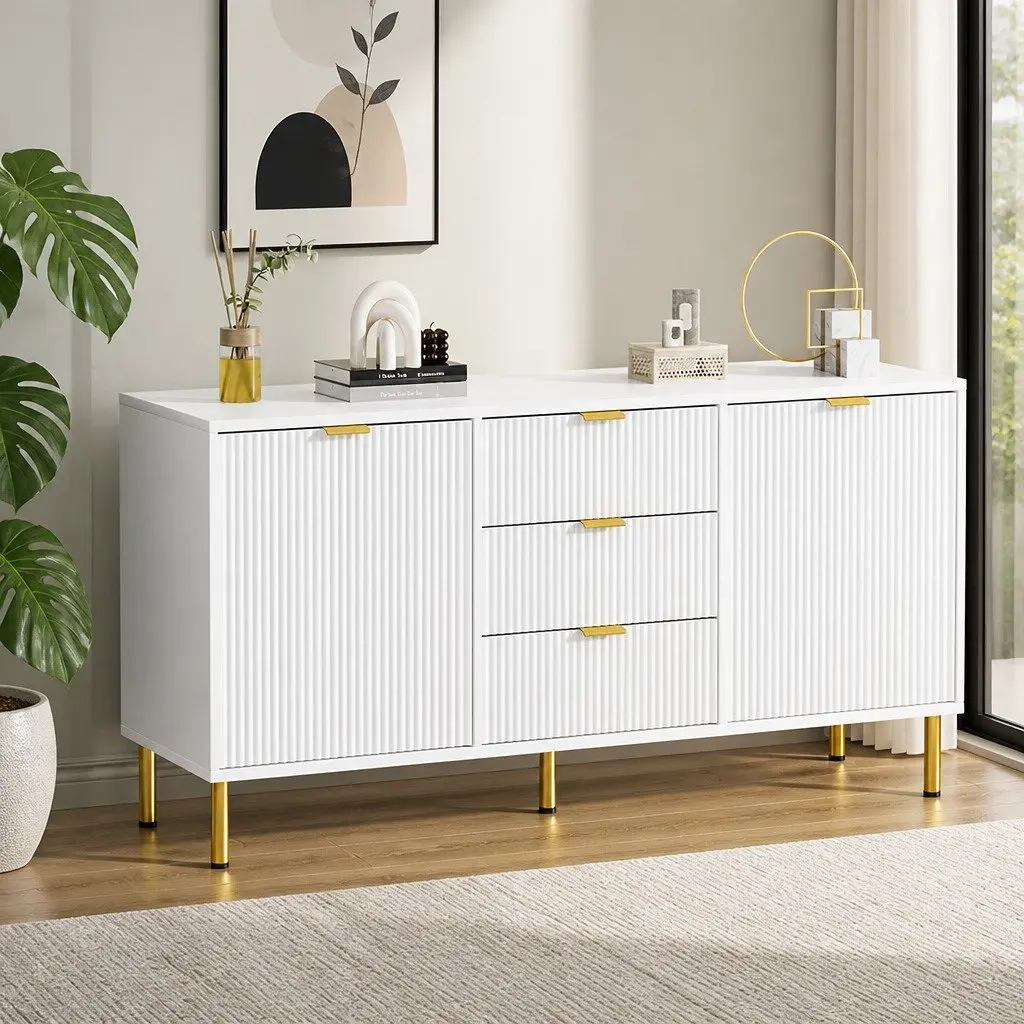 Storage Sideboard Cabinet White 3 Drawers 2 Doors Removable Shelves