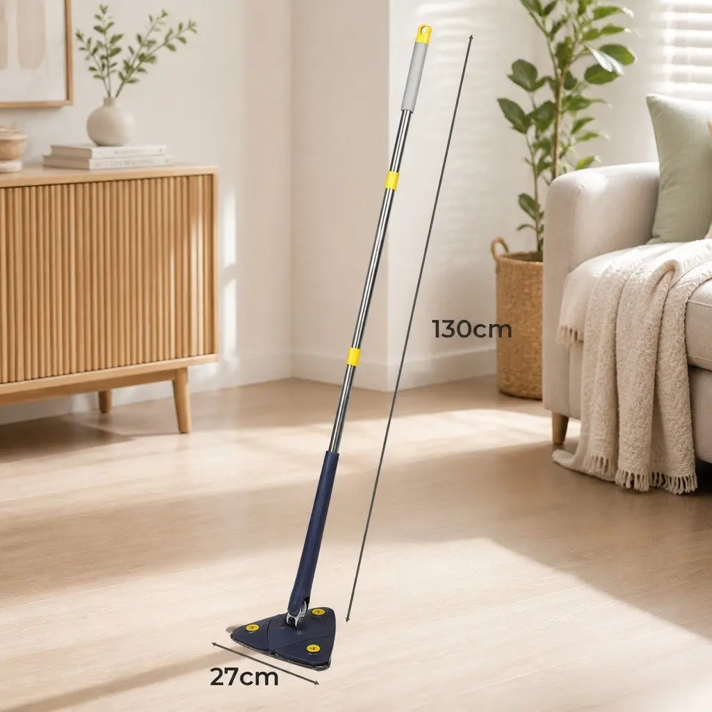 Cleaning Mop Navy 130cm 360° Rotatable Triangle Head Microfibre Cloth for Hard Floors