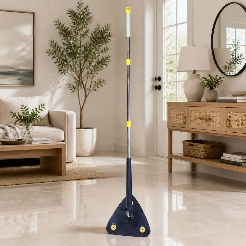 Cleaning Mop Navy 130cm 360° Rotatable Triangle Head Microfibre Cloth for Hard Floors