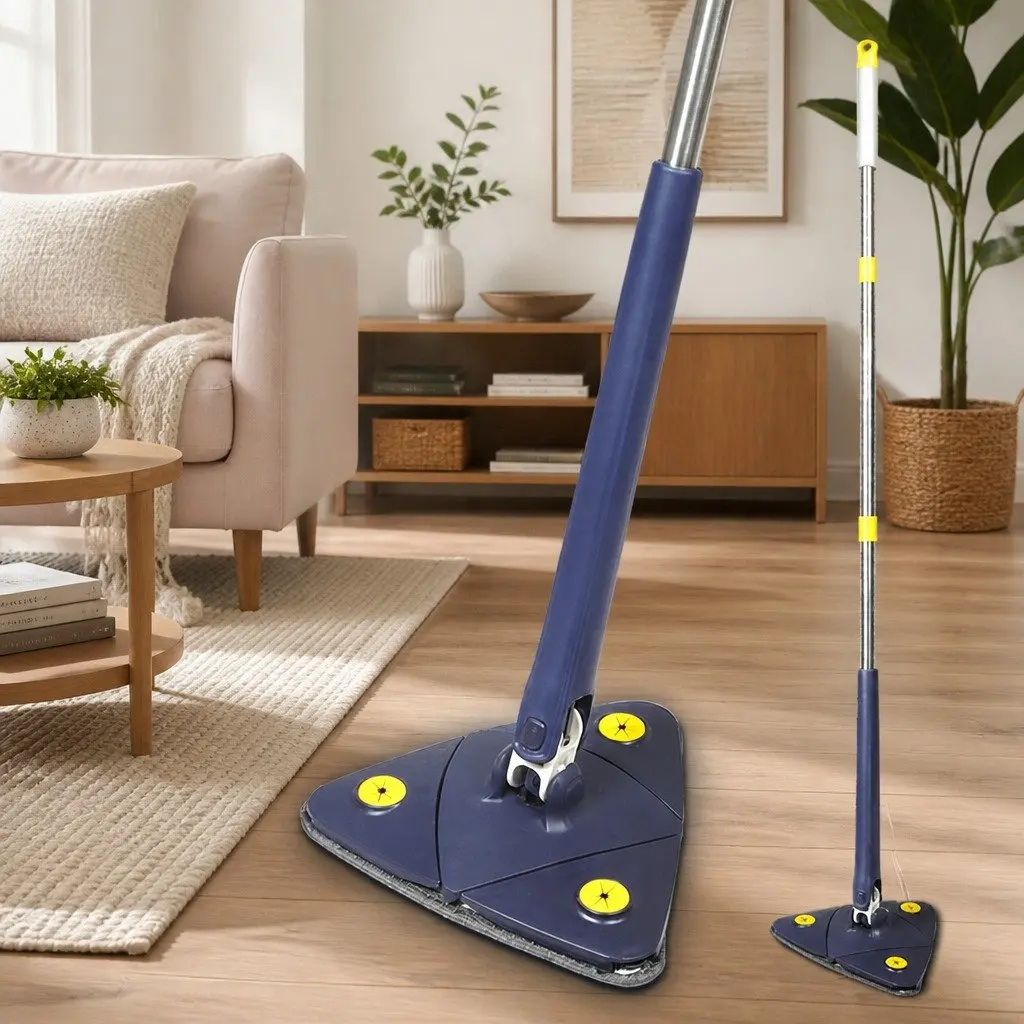Cleaning Mop Navy 130cm 360° Rotatable Triangle Head Microfibre Cloth for Hard Floors