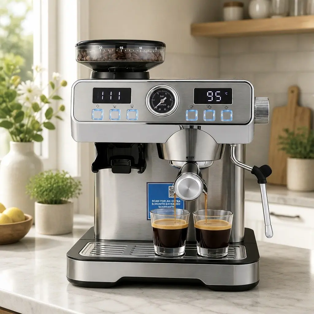 Espresso Coffee Machine with Grinder Milk Frother Steam Wand Mug Warmer Silver