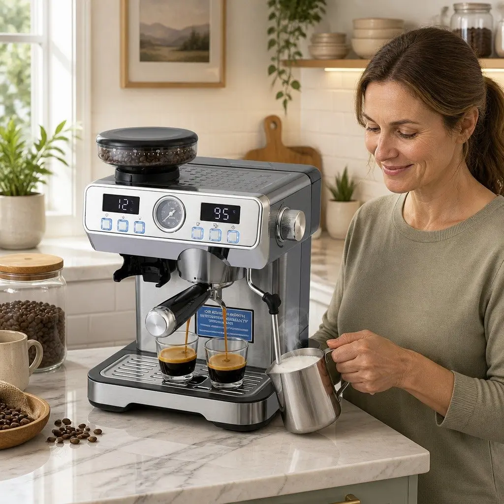 Espresso Coffee Machine with Grinder Milk Frother Steam Wand Mug Warmer Silver
