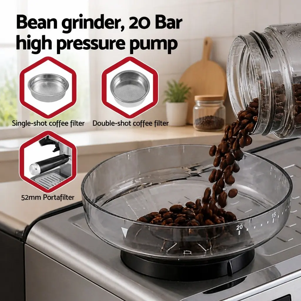 Espresso Coffee Machine with Grinder Milk Frother Steam Wand Mug Warmer Silver